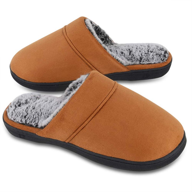 DL Men's Memory Foam Slippers with Fuzzy Plush Lining, Slip on House Slippers with Indoor Outdoor Anti-Skid Rubber Sole, Brown, 11-12 - Image 1